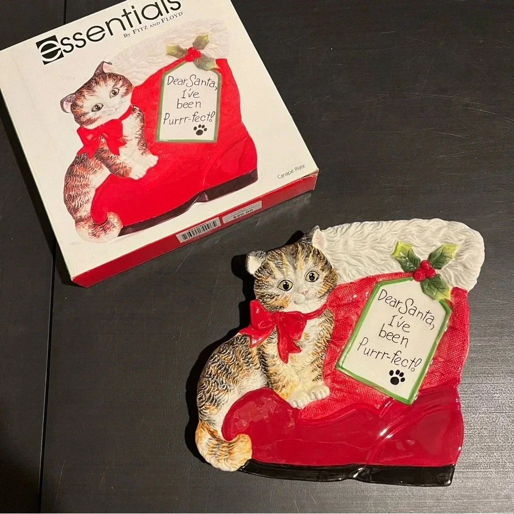 Fitz & Floyd Claus & Paws Cat Canapé Christmas Plate “Dear Santa “ Plate